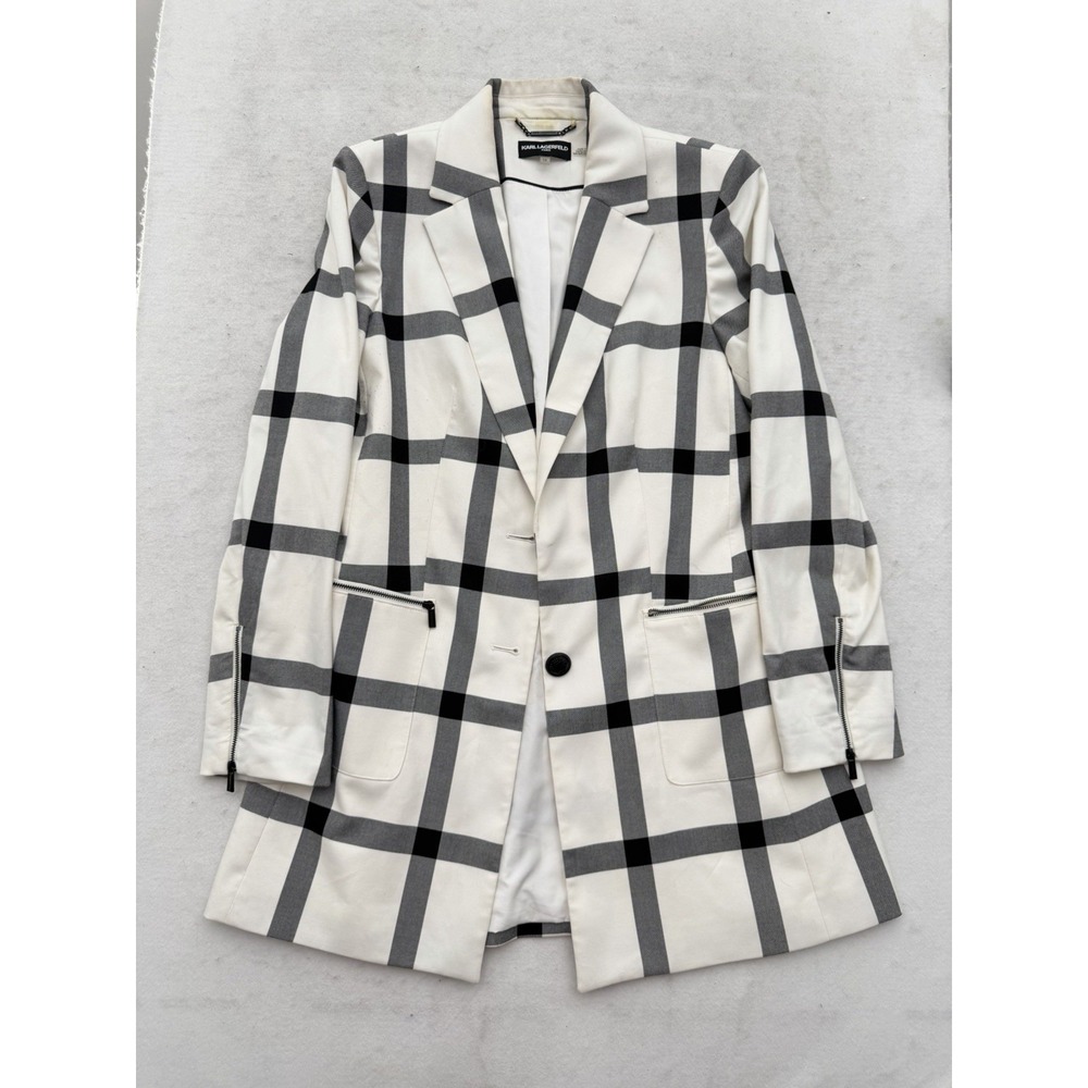 Karl Lagerfeld Women's Windowpane Plaid Blazer Size 12 White Black